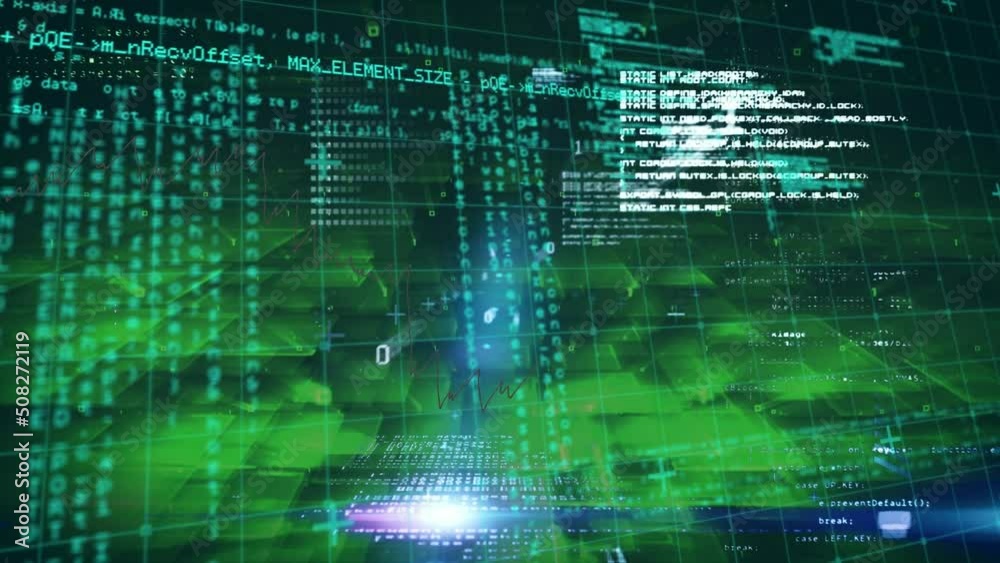 Animation of data processing over green shapes on black background Animation of data processing over green shapes on black background