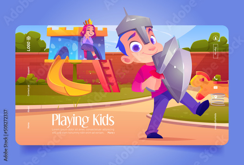 Children playing on playground, little boy and girl wear knight and princess costumes having fun at toy castle in house yard or kindergarten. Kids outdoor summer game, Cartoon vector illustration