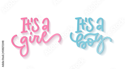 It's a girl, it's a boy - set of 3d lettering texts for greeting card. Baby shower poster overlay. Baby arrival and shower quote collection. Vector design with shadow