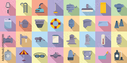 Equipment for pool icons set flat vector. Clean skimmer