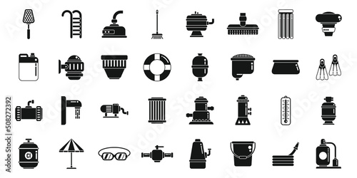 Equipment for pool icons set simple vector. Clean skimmer
