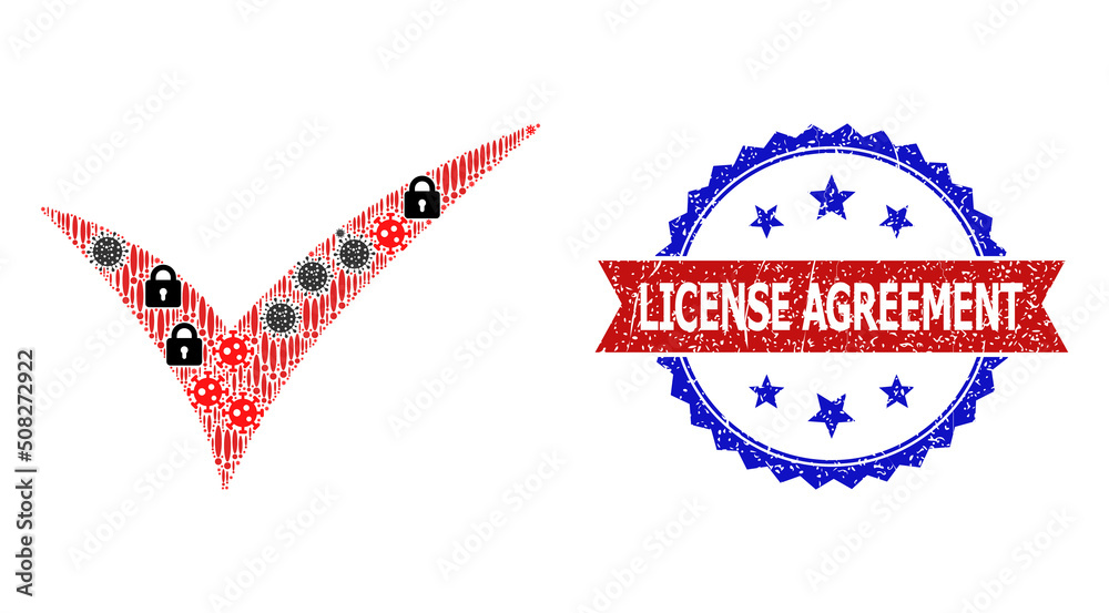 Obraz premium Vector viral mosaic valid icon, and bicolor unclean License Agreement seal stamp. Mosaic valid icon is created with covid infection, secrecy, exclamation icons.