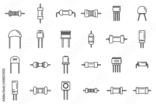 Resistor icons set outline vector. Capacitor chip photo