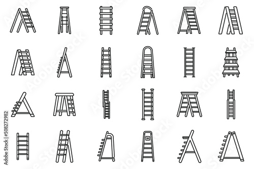 Step ladder icons set outline vector. Home metal