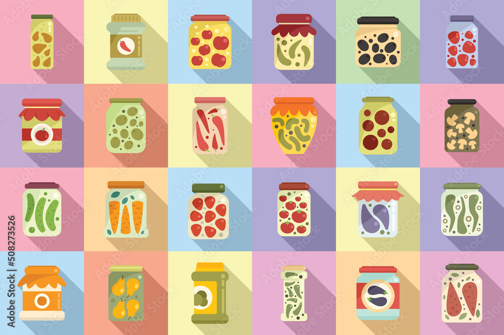 Obraz premium Pickled products icons set flat vector. Autumn canned