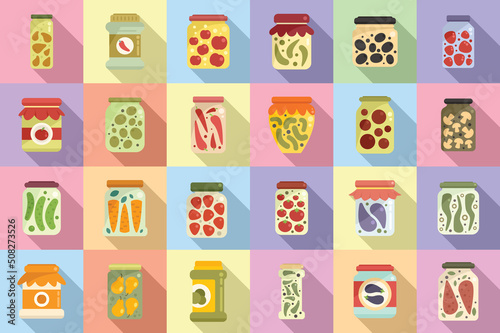Pickled products icons set flat vector. Autumn canned
