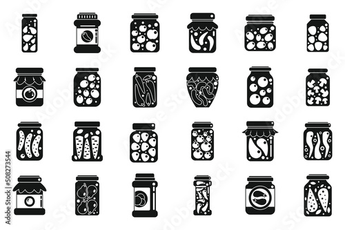 Pickled products icons set simple vector. Autumn canned