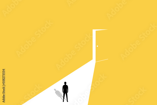 Business opportunity or career success vector concept with man walking enter door. Symbol of courage, ambition, having a goal, inspiration. photo