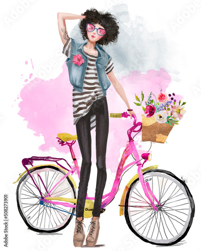 girl with bicycle and flowers