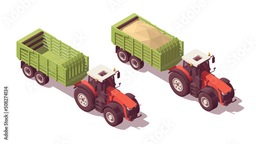 Set of isometric low poly tractors with straw trailers. Vector illustrator