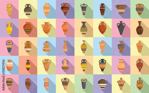 Amphora icons set flat vector. Vase pottery