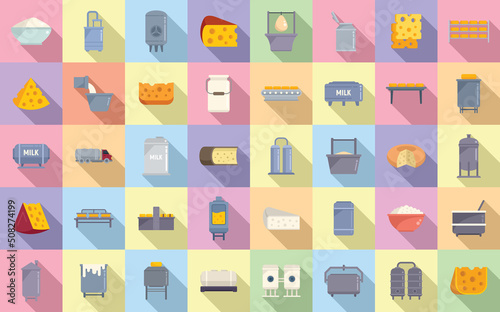 Cheese production icons set flat vector. Milk food
