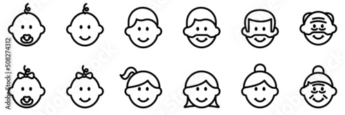 Set of people of different ages icons. Lifecycle from birth to old age. Age groups of people from baby to elder, male and female. People generations, baby, child, teenager, young, adult, old.
