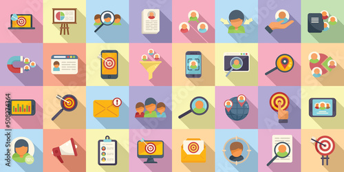 Target audience icons set flat vector. Media service