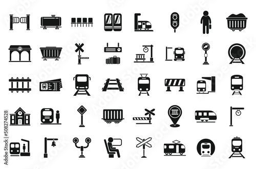 Railway platform icons set simple vector. Locomotive subway