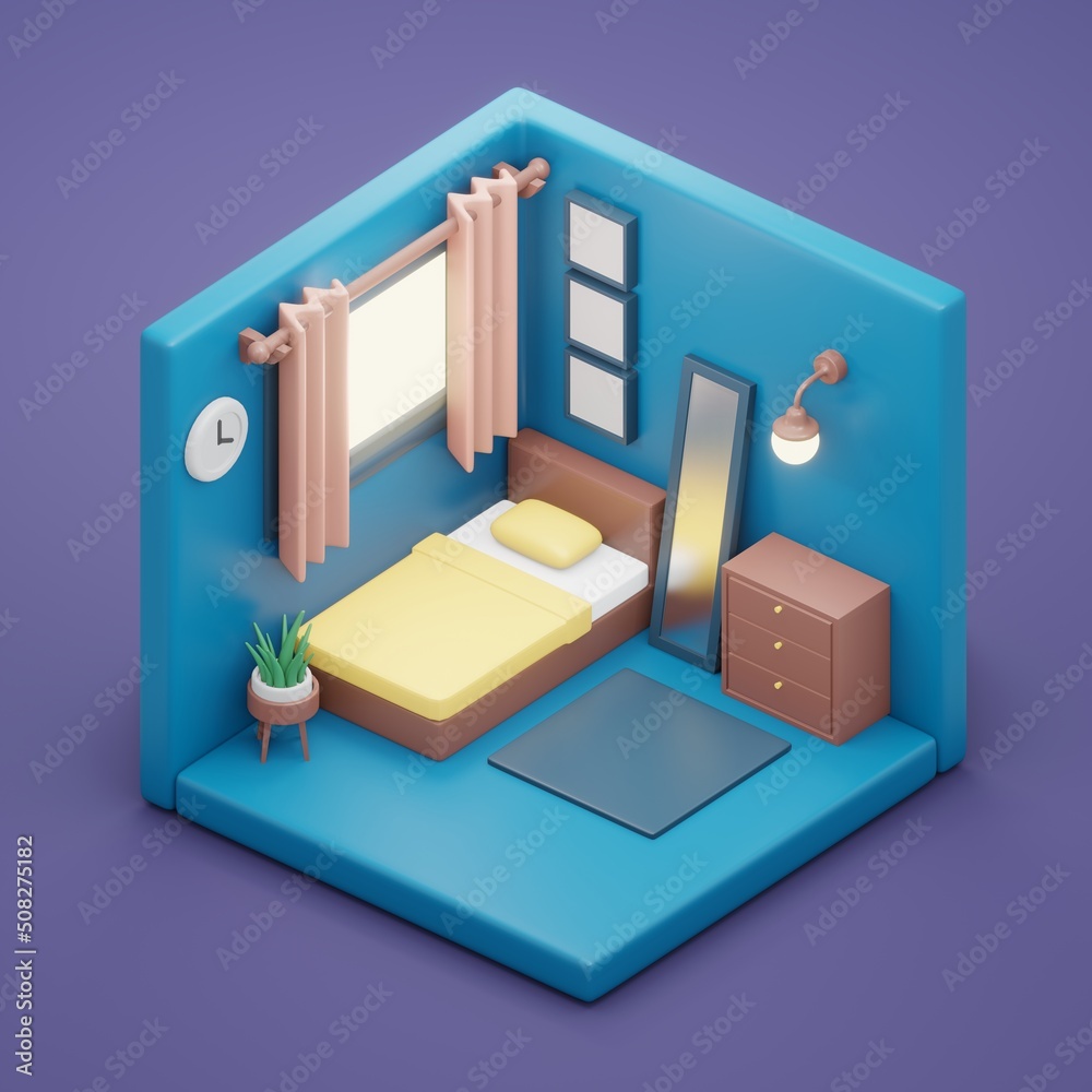 3D rendering of bedroom room with furniture bed mirror wardrobe drawer wall light plant and photo frame decoration. 3D render cartoon illustration. 3D rendering of bedroom room with furniture bed mirror wardrobe drawer wall light plant and photo frame decoration. 3D render cartoon illustration.