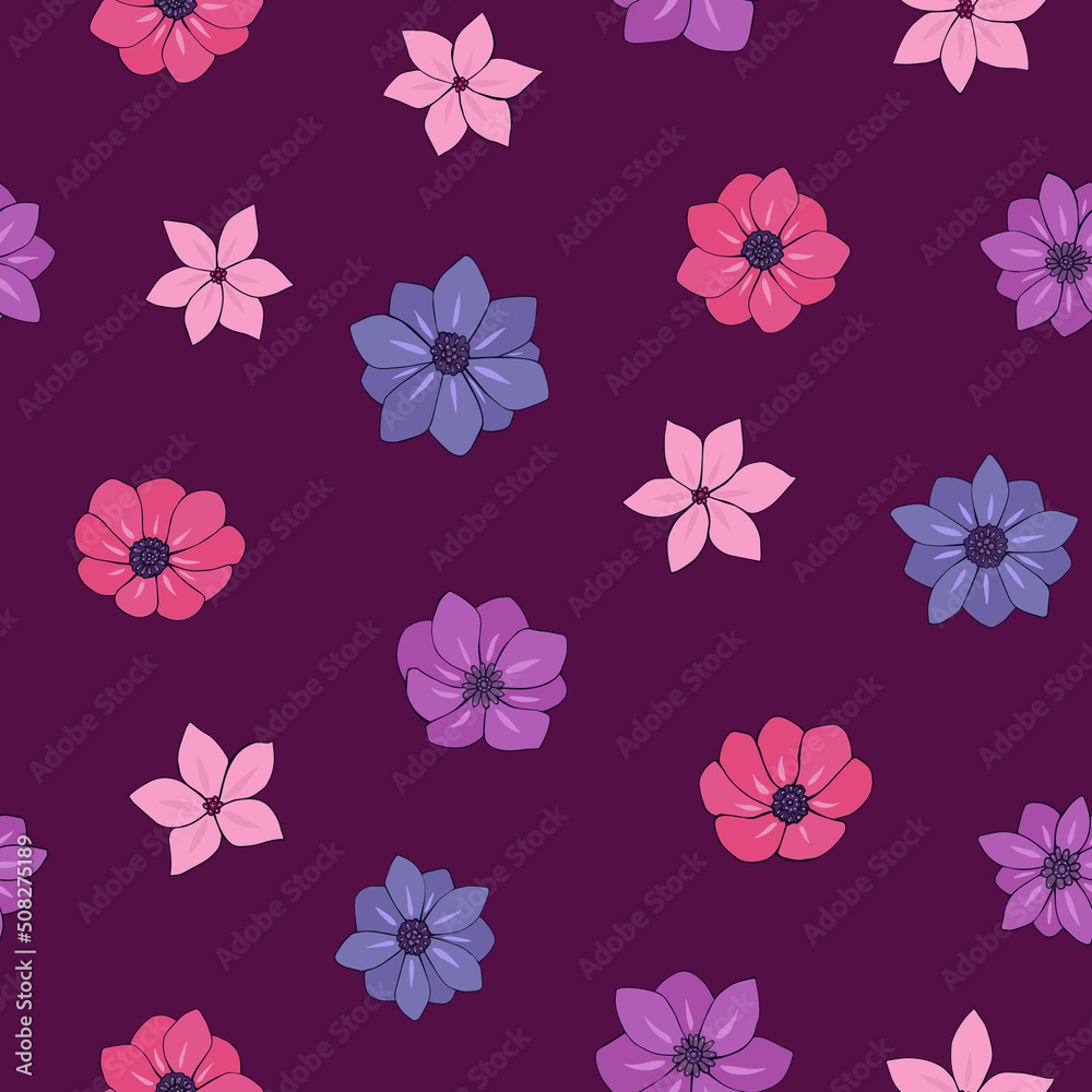 Fototapeta premium Seamless vector pattern of flowers. Background for greeting card, website, printing on fabric, gift wrap, postcard and wallpapers. Anemone, phlox flowers. 