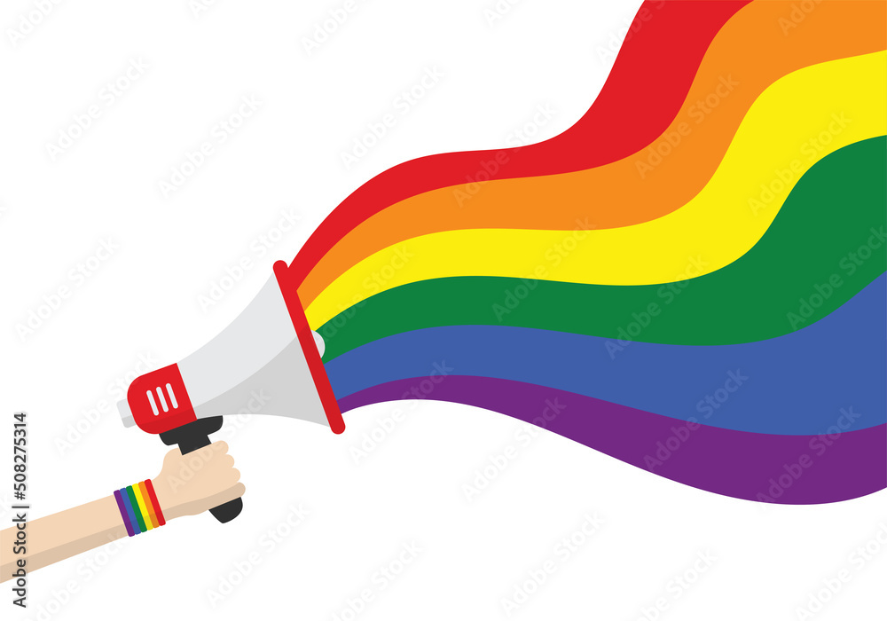 hand hold megaphone with lgbt rainbow. loudspeaker happy pride month ...
