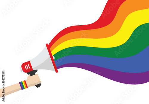 hand hold megaphone with lgbt rainbow. loudspeaker happy pride month. people freedom in love. vector illustration in flat style. isolated on white background. 