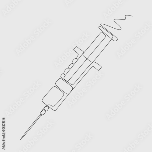 Continuous one line drawing of syringe with needle vector. Medical equipment or tools illustration hand drawn.