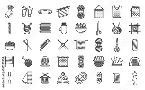 Knitting icons set outline vector. Crochet yarn