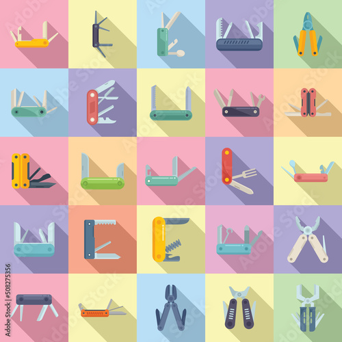 Multitool icons set flat vector. Multifunctional knife
