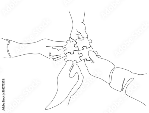 Single continuous line drawing of business team members unite puzzle pieces together to one as team building symbol. Trendy one line draw design vector graphic illustration. Employee teamwork concept.