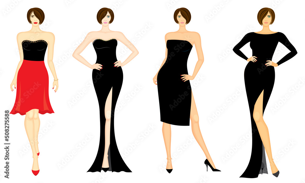 Fototapeta premium Fashion illustration of female models in evening and cocktail attire, vector set in color, isolated, on white background.