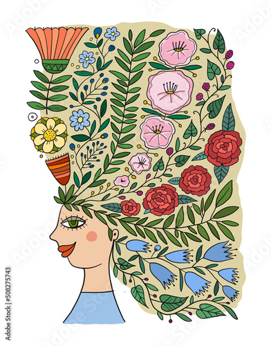 Floral female portrait, pretty woman with floral hairs. Design for fashion cards, banners, posters