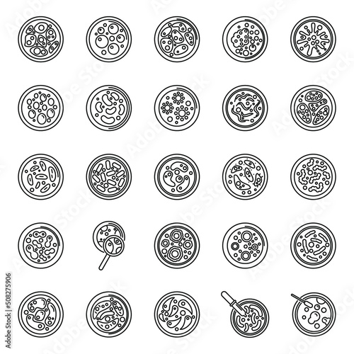 Petri dish icons set outline vector. Bacteria experiment