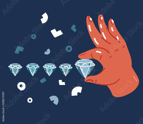 Cartoon vector illustration of Hand holds diamond. Five diamonds rating