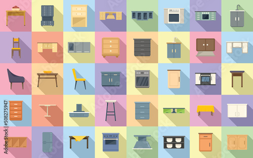 Kitchen furniture icons set flat vector. Apartment comfort