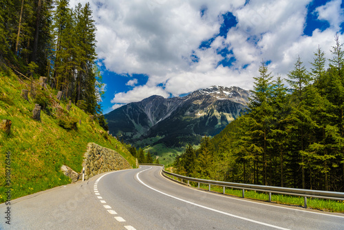 Road among Alps mountains, Klosters-Serneus, Davos, Graubuenden