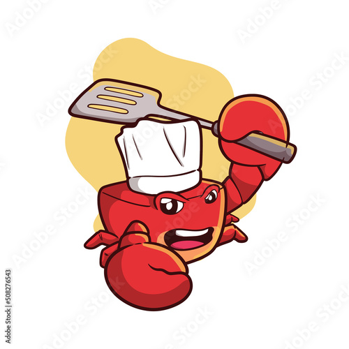 mascot logo illustration of chef crab holding spatula cartoon style