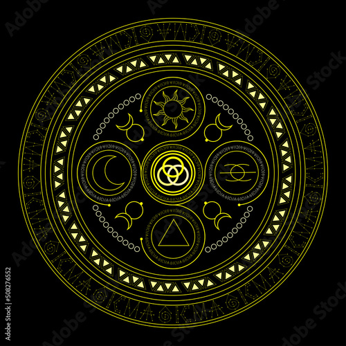 Golden Magic circle ring, Magic Spell Ring Sparkle, incantation circle, Superpower. horoscope circle on dark background.