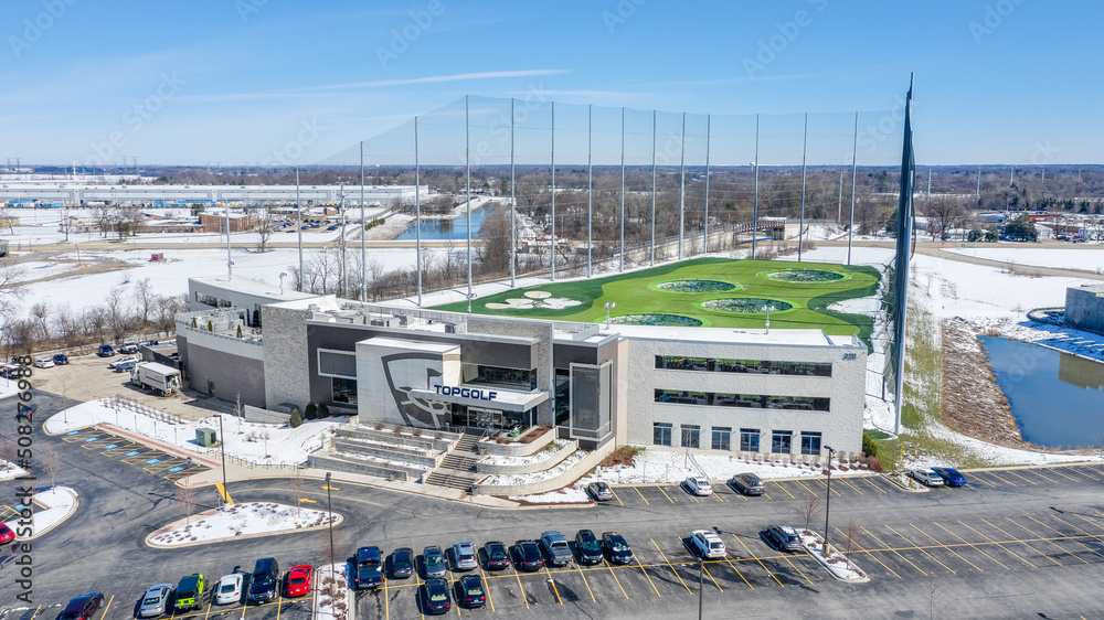 NAPERVILLE, IL, USA APRIL 15, 2019 A drone / aerial view of TopGolf