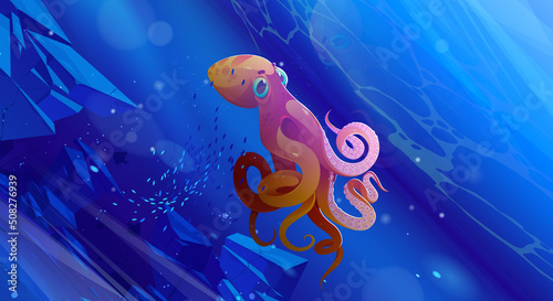 Underwater ocean scene with giant octopus, fish and stones. Vector cartoon illustration of marine animal and school of fish swim in sea. Ocean bottom with orange squid with tentacles and suckers