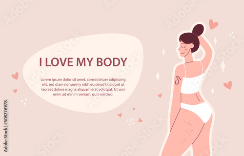 Body positive. Happy harmonious girl. Love your body. Vector illustration concept 