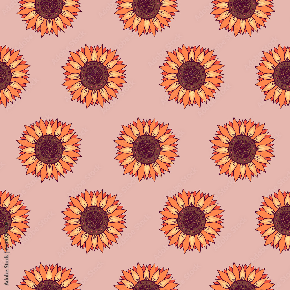 Seamless vector pattern of sunflowers. Background for greeting card, website, printing on fabric, gift wrap, postcard and wallpapers. 