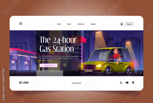 24 hour gas station banner. Vector landing page of all day and night open fuel filling station. Cartoon illustration of man driver in car and oil pump on city street
