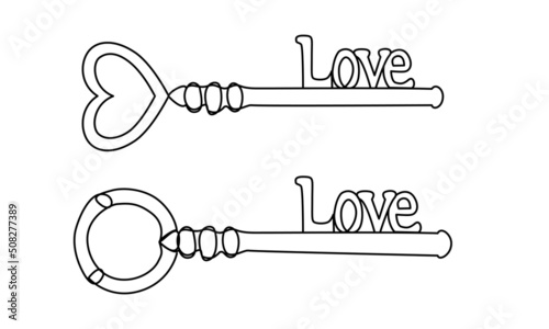 Set of continuous line key heart shaped icons with word love. Minimalist keys illustration. Real estate vector elements photo