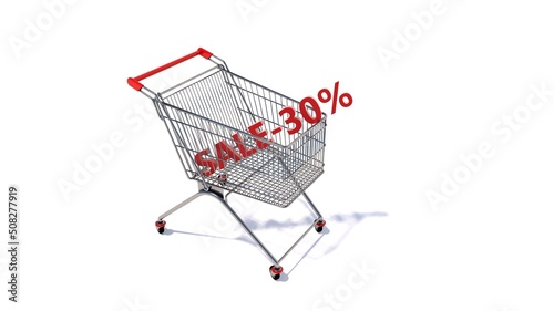 Trolley cart for supermarket. Shopping cart. 30% discount. 3D visualization.