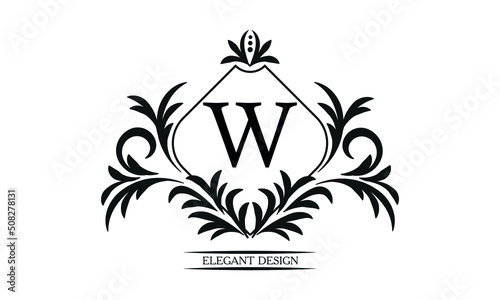 Vintage elegant logo with the letter W in the center. Black ornament on a white background. Business sign template, identity monogram for restaurant, boutique, heraldry, jewelry