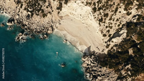 Aerial view of Ithaki beach waves in motion, Ionian Sea, Greece photo