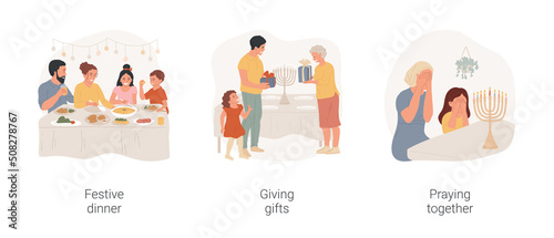 Hanukkah family gathering isolated cartoon vector illustration set. Family gathering for Hanukkah celebration, festive dinner, sharing gifts for religious holiday, praying together vector cartoon.
