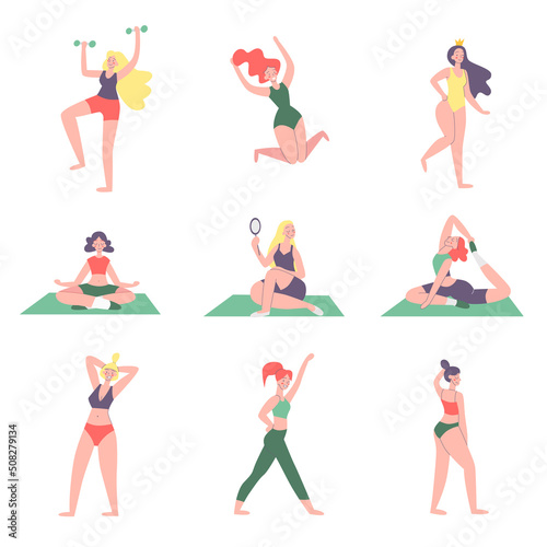 Body positive. Happy girls. Love your body. Variety of poses and gestures. Dynamic life. Sport, dance and yoga. Vector illustration concept 