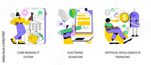 Business software abstract concept vector illustration set. Core banking IT system, electronic signature, artificial intelligence in financing, identification and encryption abstract metaphor.