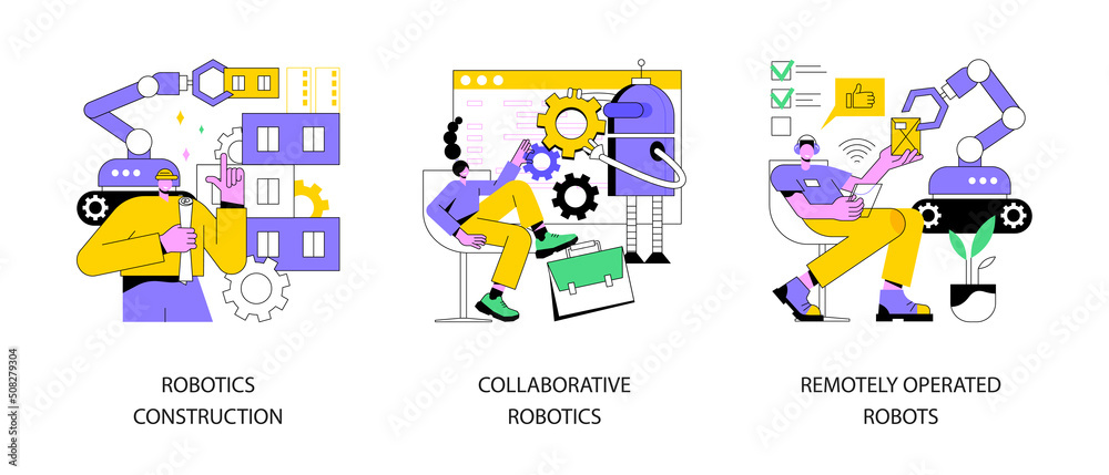 Machine work abstract concept vector illustration set. Robotics construction, collaborative artificial intelligence, remotely operated robots, factory automation, human control abstract metaphor.