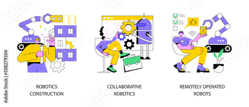 Machine work abstract concept vector illustration set. Robotics construction, collaborative artificial intelligence, remotely operated robots, factory automation, human control abstract metaphor.