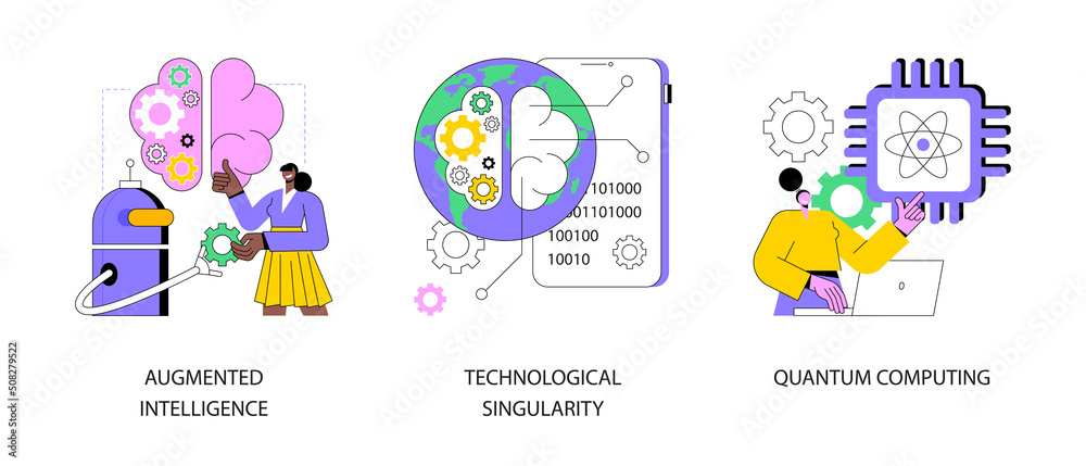 Innovative information technology abstract concept vector illustration set. Augmented intelligence, technological singularity, quantum computing, computer science, machine learning abstract metaphor.